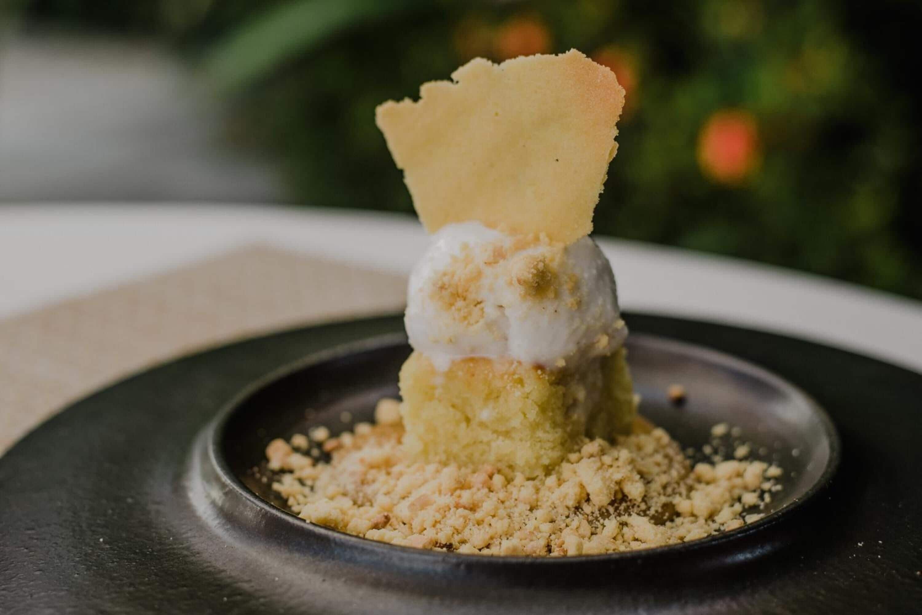 Un postre con una porción de helado encima de un pastel, servido en un plato negro rodeado de migas.