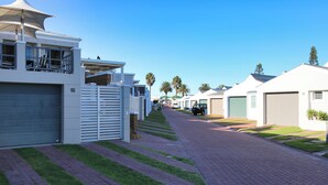 Una calle residencial con casas modernas, un camino pavimentado y palmeras.