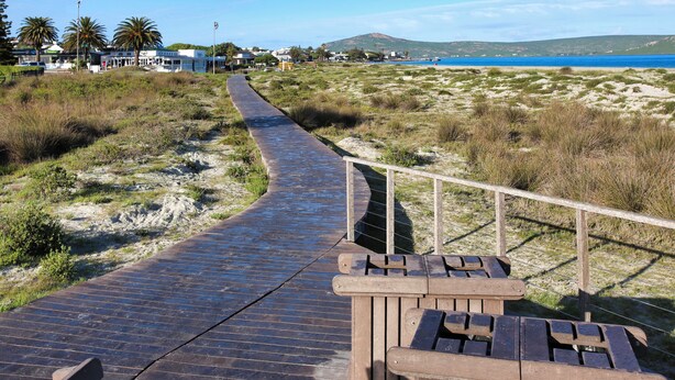 Un paseo marítimo costero con un banco de madera y barandilla, que lleva a una zona de playa con palmeras y una vista despejada del mar.