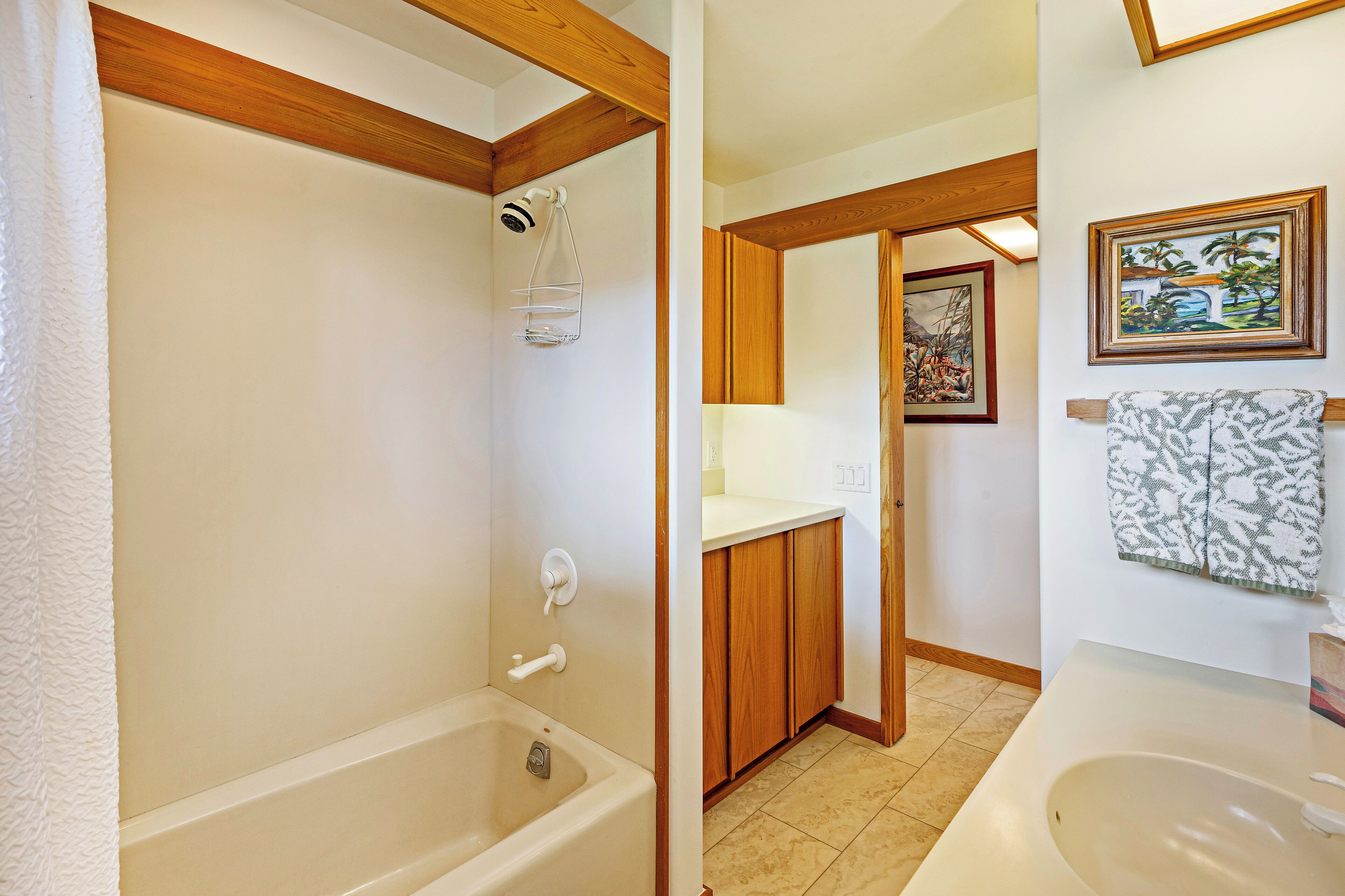 Combined shower/tub, hair dryer, towels