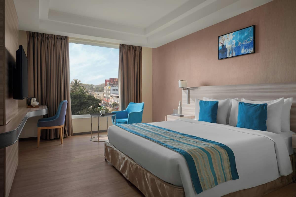 A hotel room with a large bed, a desk, a chair, a TV, and a window with curtains.