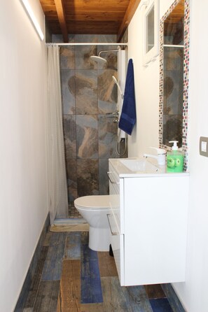 Douche, séchoir à cheveux, serviettes fournies, savon