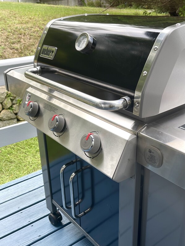A portable gas grill with a digital thermometer and control knobs. - Serene Haven w/ No Shared Spaces | Cape Cod (Marston Mills)