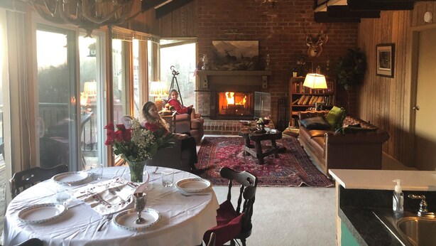 Un salon chaleureux avec une cheminée, un coin repas avec une table dressée pour quatre personnes et une bibliothèque remplie de livres.