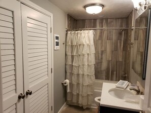 Combined shower/bathtub, hair dryer, towels, soap - Retreat on the Ravine (Bloomington)
