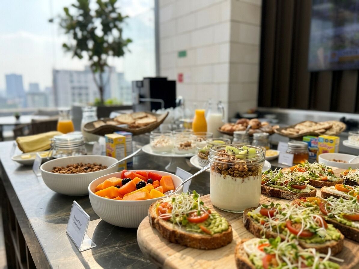 A buffet with various food items including fruits, yogurt, and sandwiches.