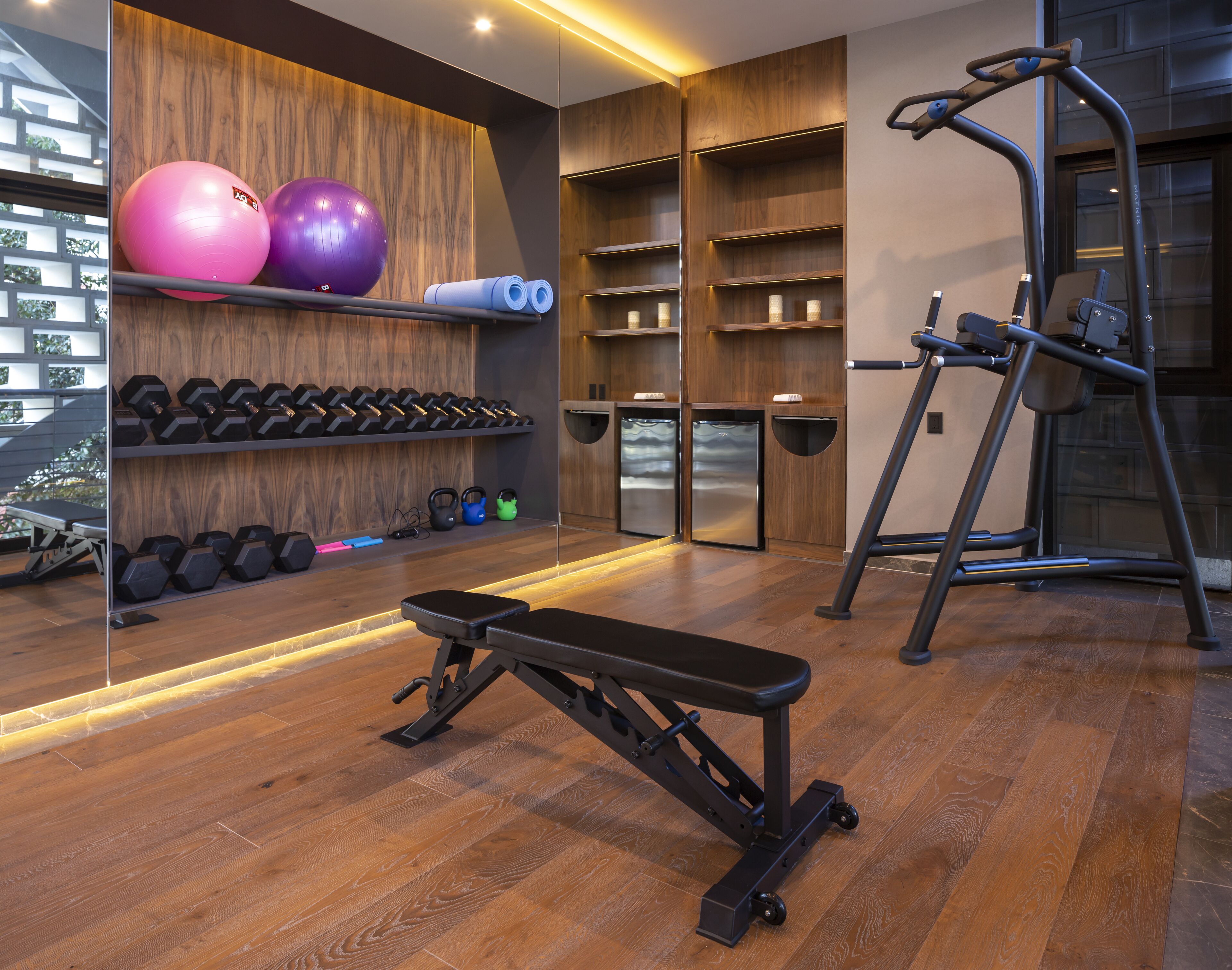 A modern gym with wooden flooring, exercise equipment, and neatly arranged weights and balls.