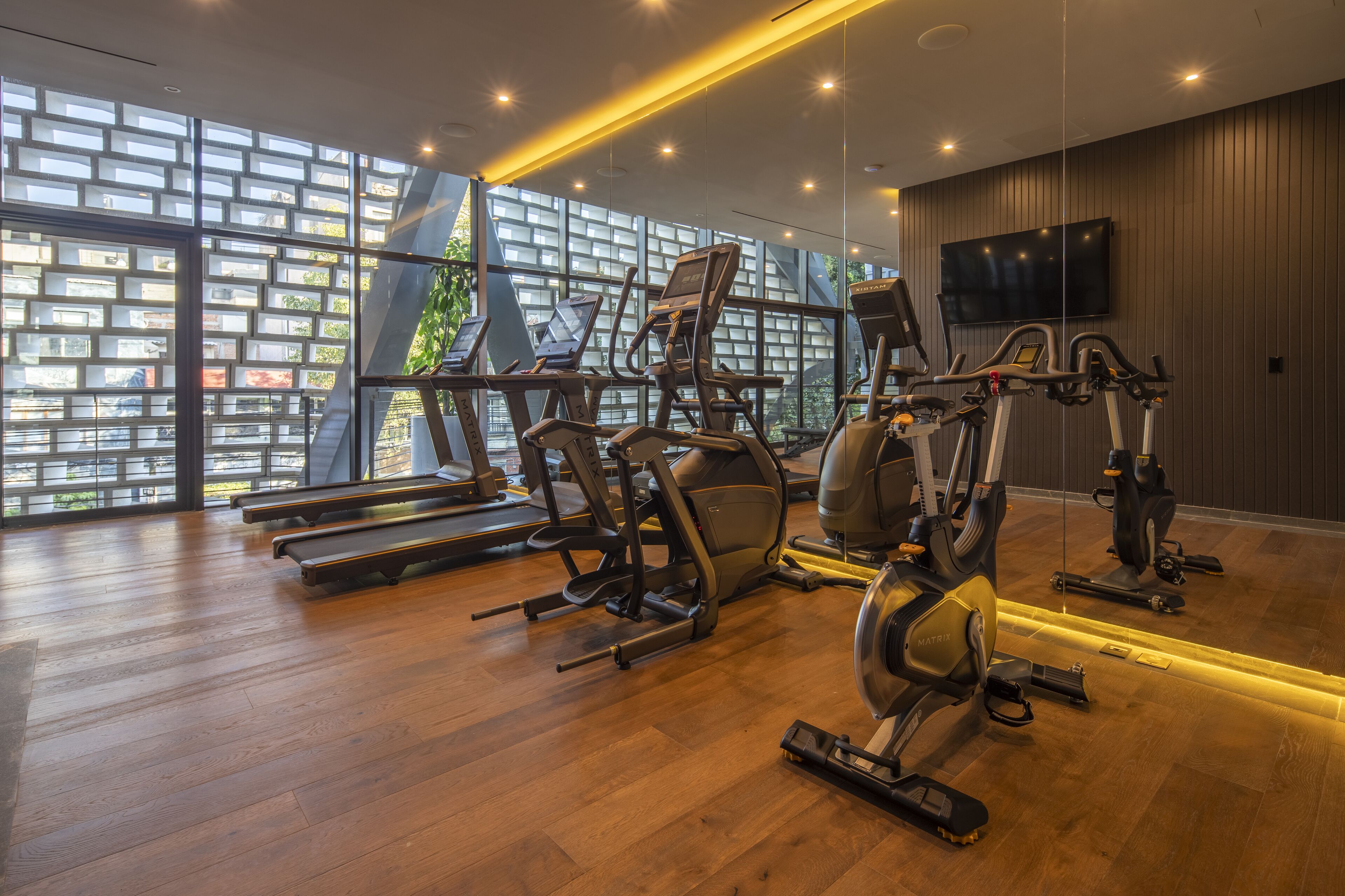 Ein Fitnessstudio mit Cardiogeräten, einem Fernseher und großen Fenstern mit Blick auf die Stadt.