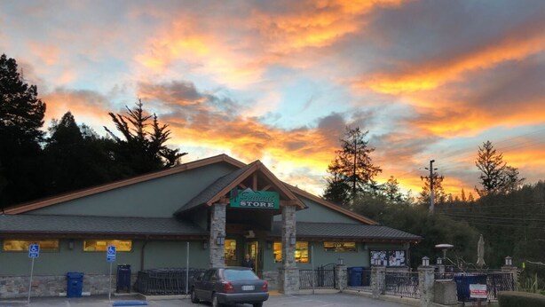 En butik med et grønt tag og et skilt, der siger "Sunnyside Store".