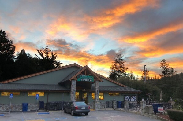 A store with a green roof and a sign that reads "Sunnyside Store".