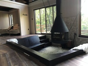 Smart TV, fireplace, table football, books