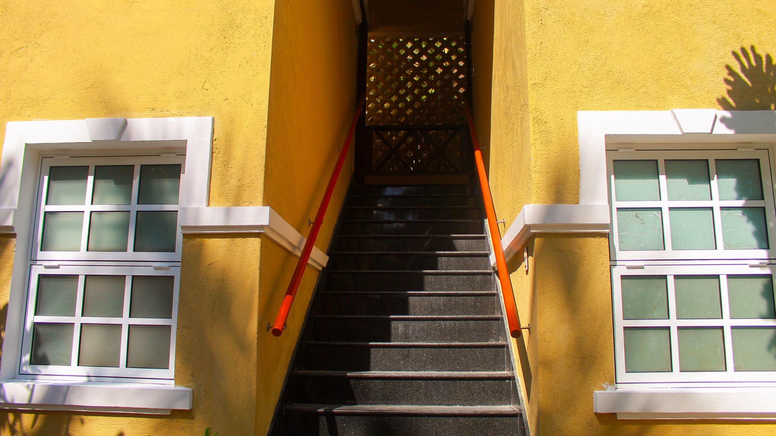 A staircase with a yellow wall and white-framed windows.