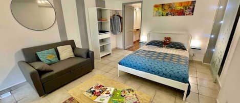 1 bedroom, desk, iron/ironing board, travel cot