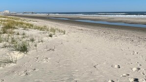 En strand med sanddyner och en pir i bakgrunden.