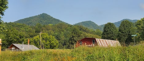 A rural landscape with a red barn, a smaller grey building, and a sign reading "Toot Hollow CR."