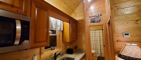 Interior em madeira com cozinha, incluindo pia de aço inoxidável, micro-ondas e armários de madeira.