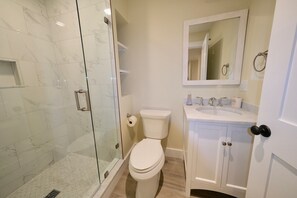 Shower, towels, soap, shampoo
