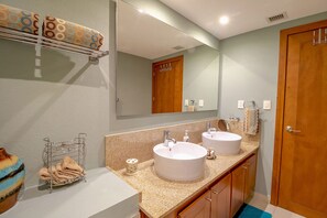 Shower, towels, soap, toilet paper