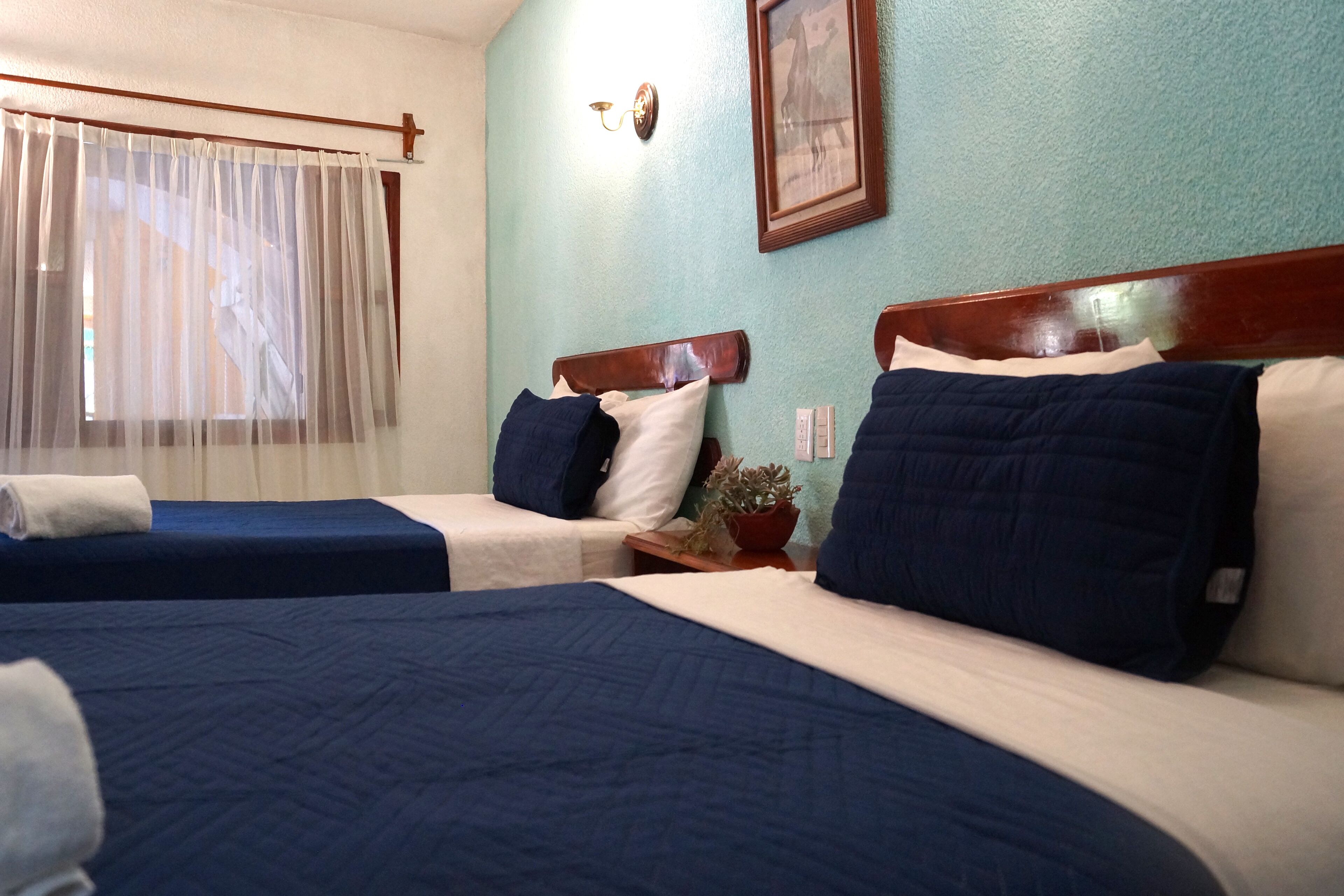 Habitación de hotel con dos camas, cada una con ropa de cama azul y almohadas blancas. Se ve una ventana con cortinas translúcidas, una lámpara de pared y un cuadro enmarcado sobre las camas.