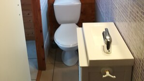 Un baño pequeño con tocador de madera, inodoro y espejo.