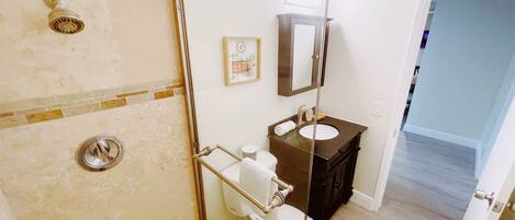 Une salle de bain avec une douche à parois de verre, des toilettes, un lavabo et un miroir.
