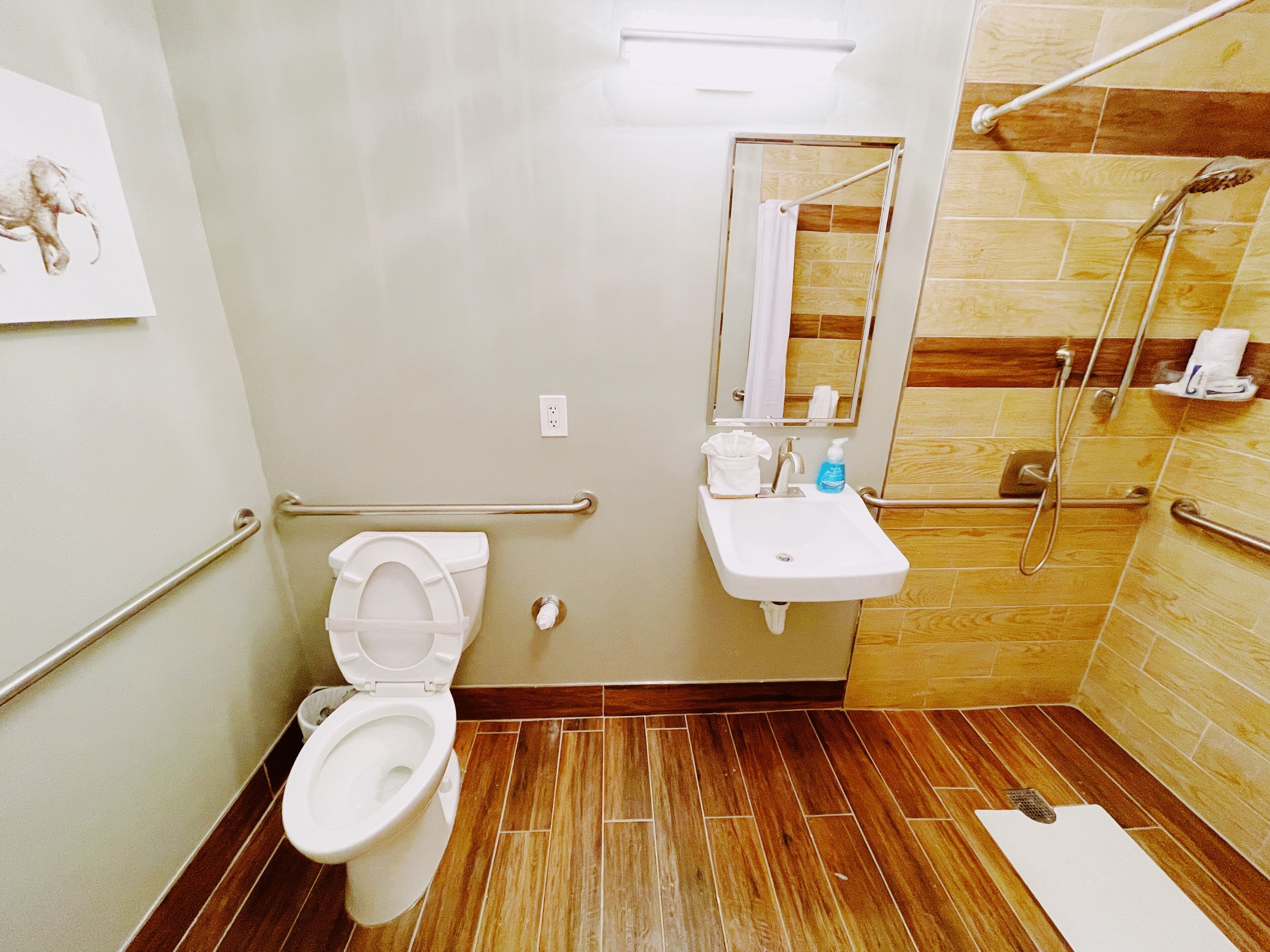 Une salle de bain comprenant des toilettes, un lavabo, un miroir et une douche.