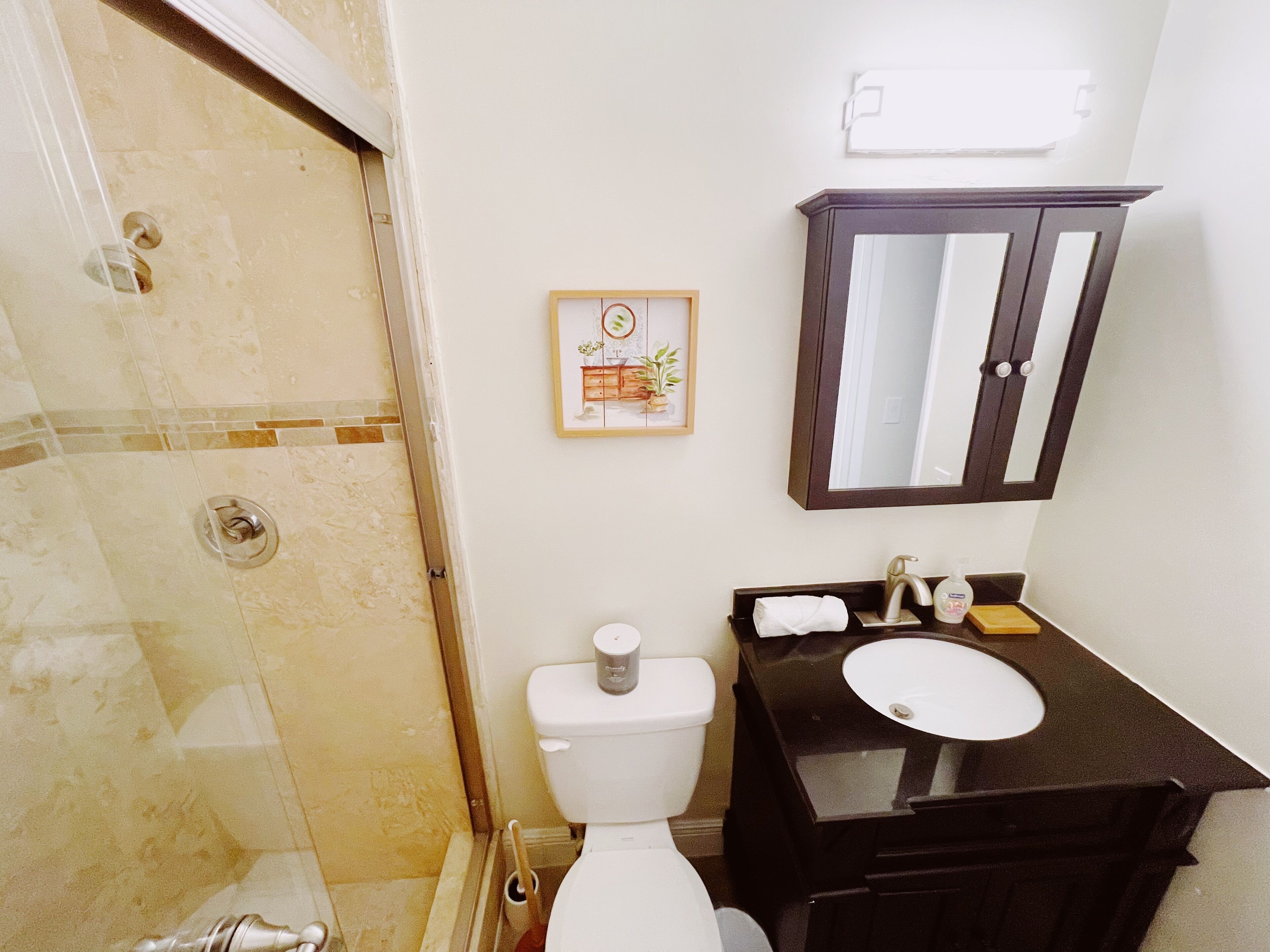 Un baño con ducha, inodoro, lavamanos y un cuadro en la pared.