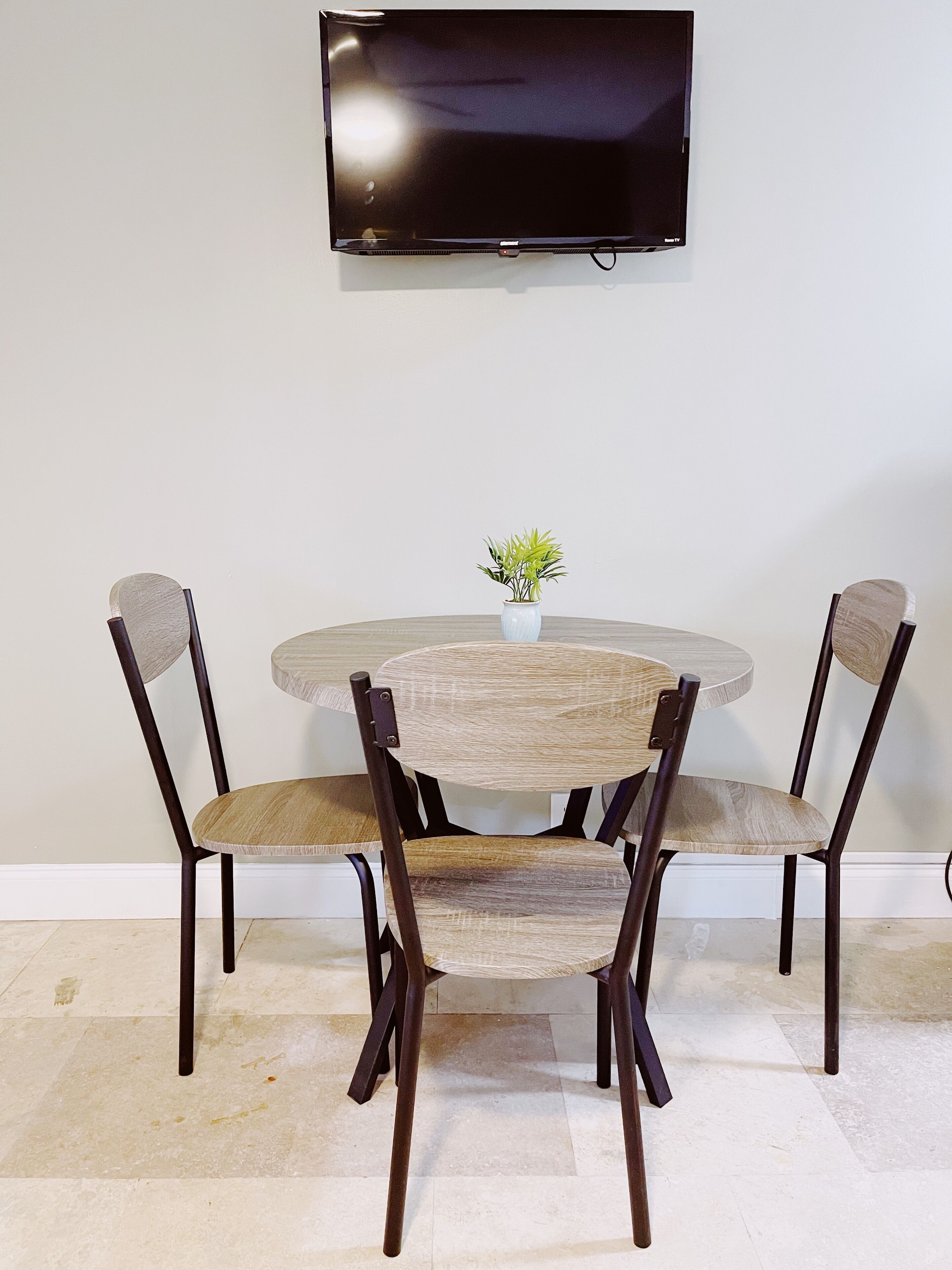 A dining area with a round table, four chairs, and a small potted plant. A flat-screen TV is mounted on the wall above the table.