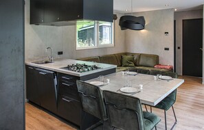 Fridge, stovetop, dishwasher, coffee/tea maker