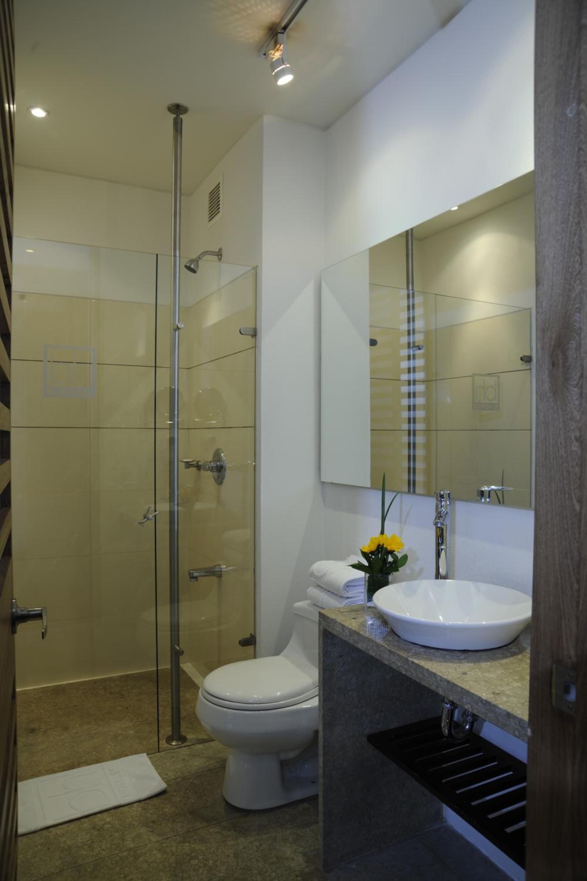 rainfall showerhead, hair dryer, towels, soap