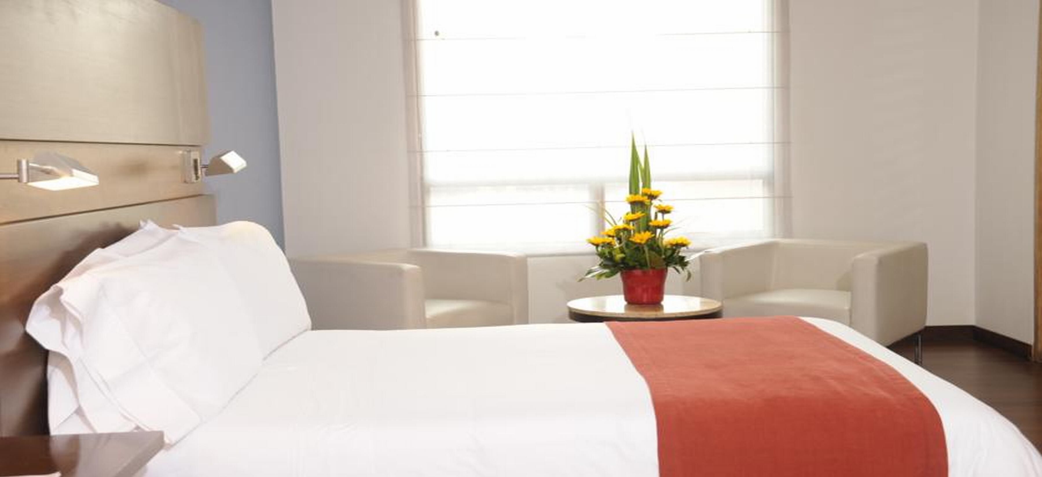 A hotel room with a bed, two armchairs, a small table with a potted plant, and a window with blinds.