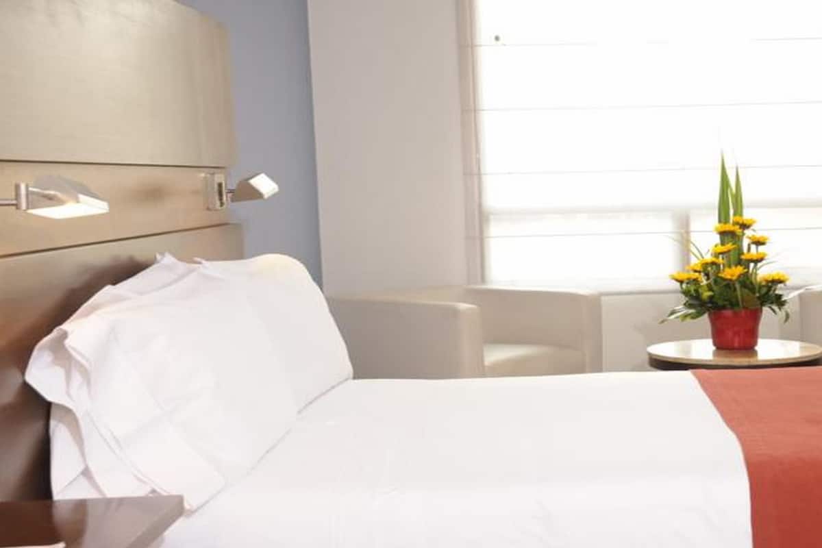 A hotel room with a bed, two armchairs, a small table with a potted plant, and a window with blinds.