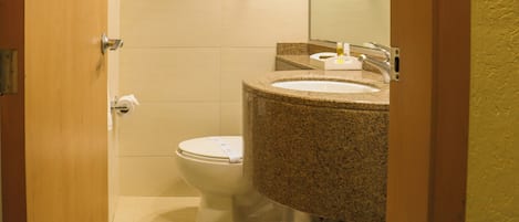 Un baño con inodoro, lavamanos y espejo.