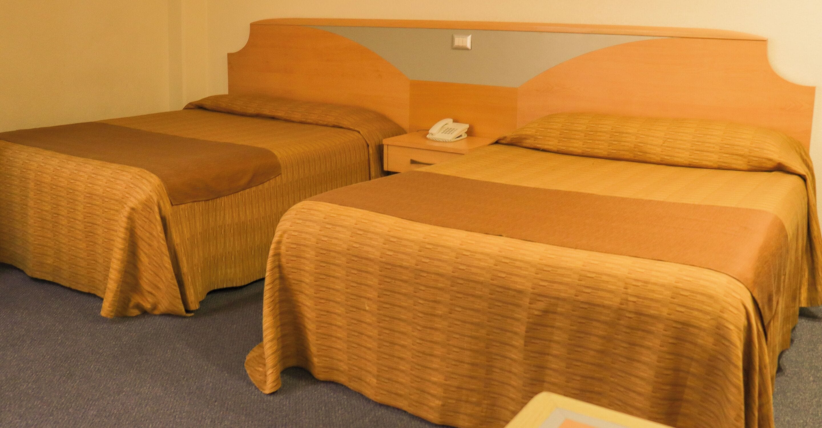 A hotel room with two single beds, a nightstand with a phone, and a carpeted floor.