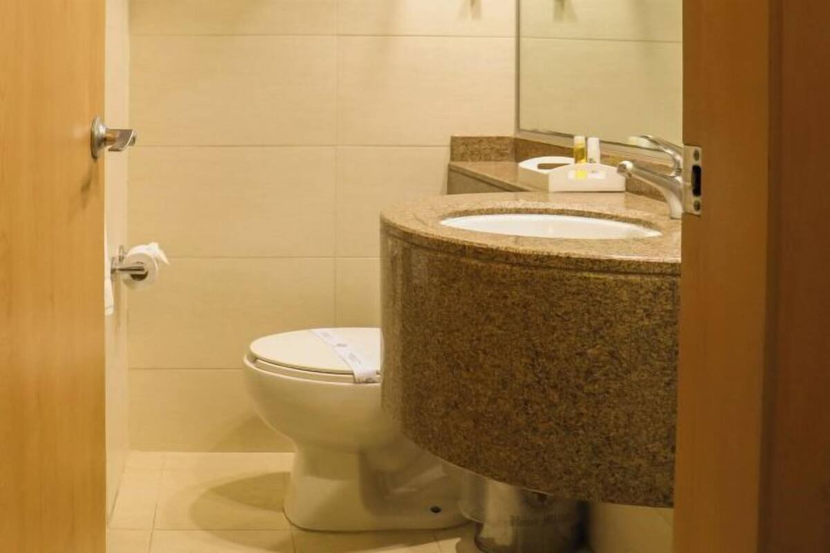 A bathroom with a toilet, a sink, and a mirror.
