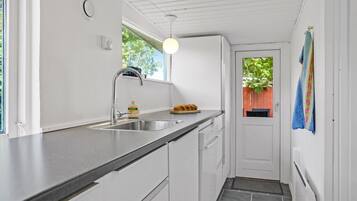 Et smalt køkken med en stålvask, en enkelt lampe og en dør til en patio.
