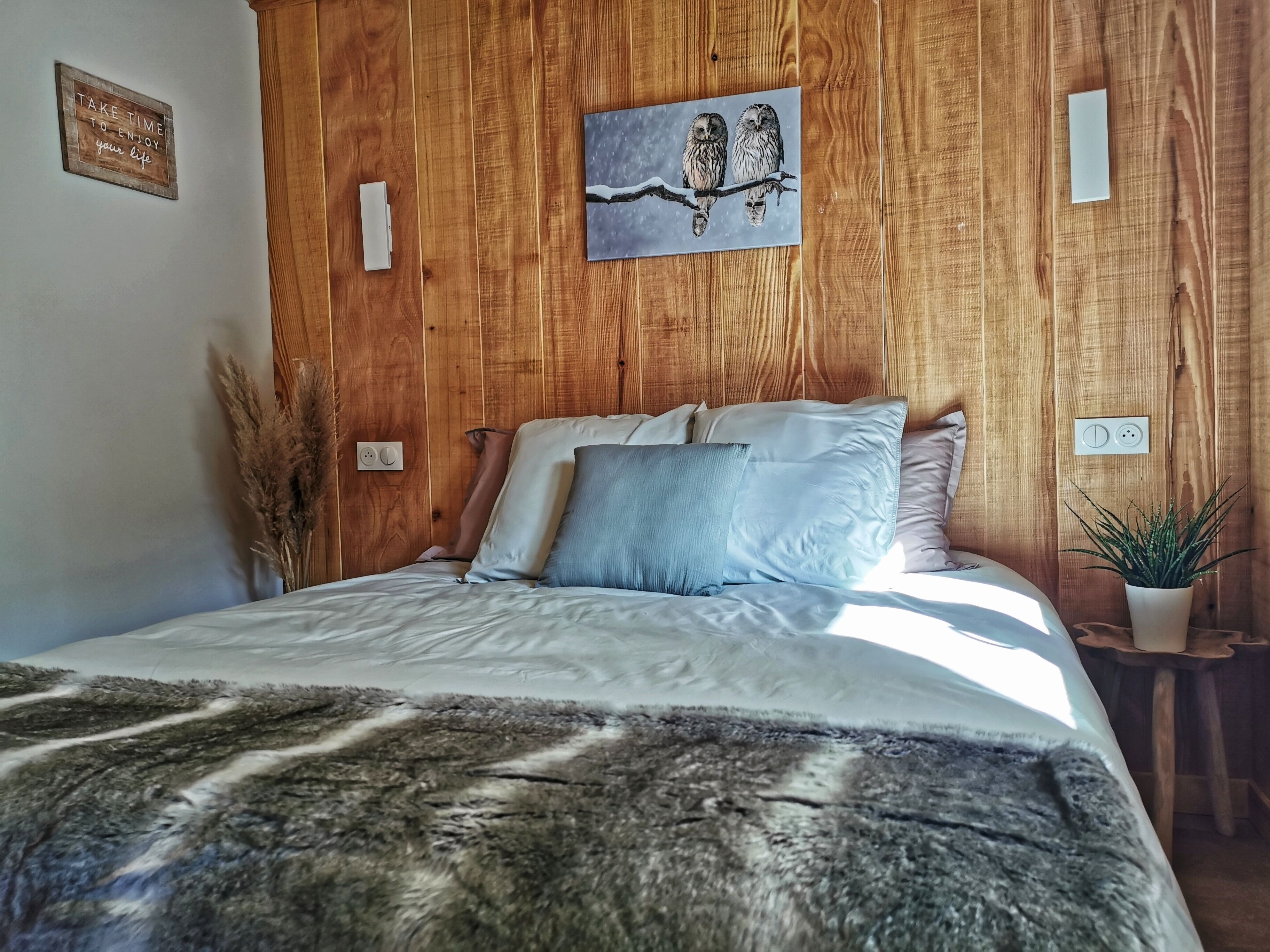 A cozy bedroom with a wooden headboard, a bed with white and blue bedding, and a painting of owls on the wall.