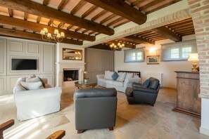 Televisión de pantalla plana, chimenea, videojuegos, estéreo