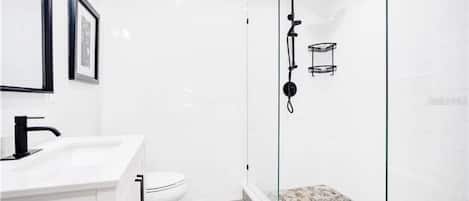 Combined shower/tub, hair dryer, towels, soap