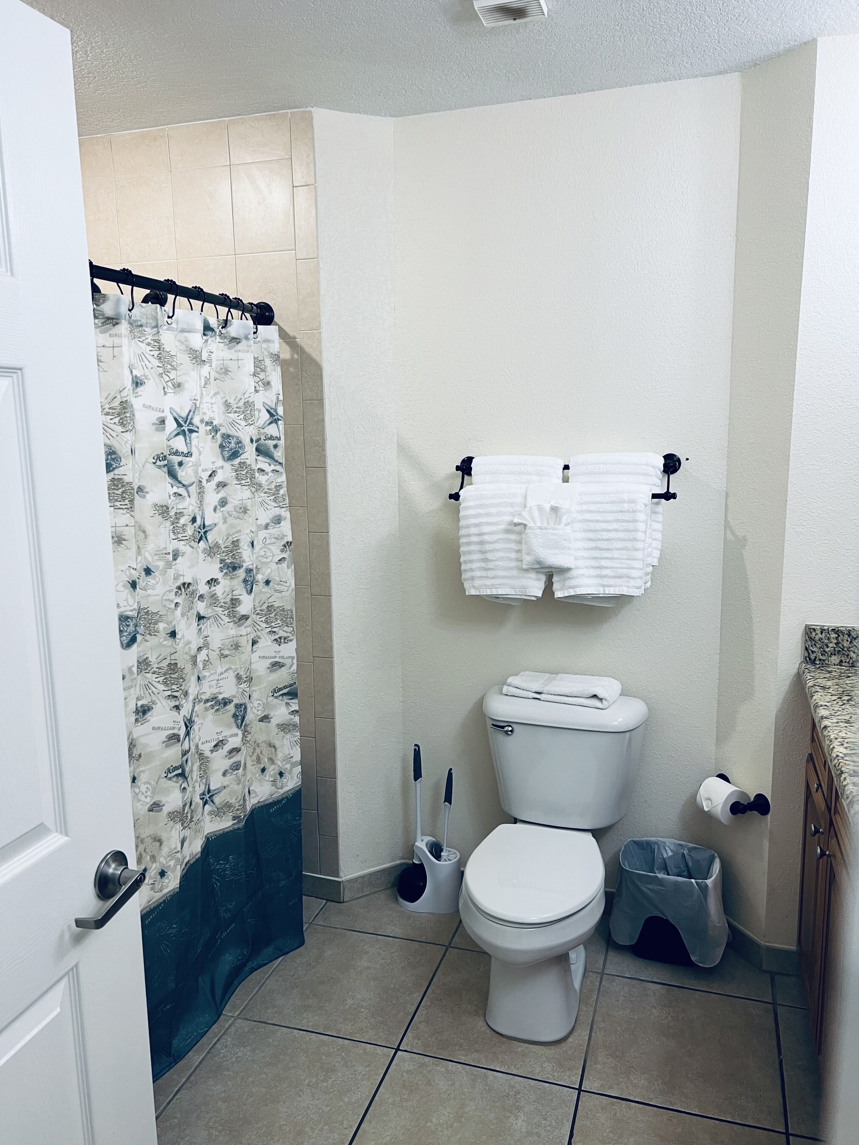 Ein Badezimmer mit Toilette, Duschvorhang, Handtuchhalter und Mülleimer.
