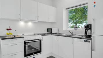 Fridge, stovetop, dishwasher, coffee/tea maker