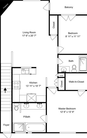 Un plan d’étage d’une maison comprenant un salon, une cuisine, une chambre principale, un dressing et un balcon.
