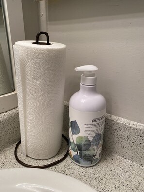 Hair dryer, towels, soap, toilet paper