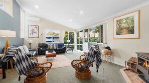 Smart TV, fireplace, DVD player, books