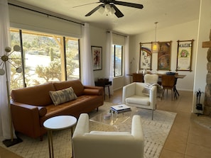 Smart TV, fireplace, books, stereo