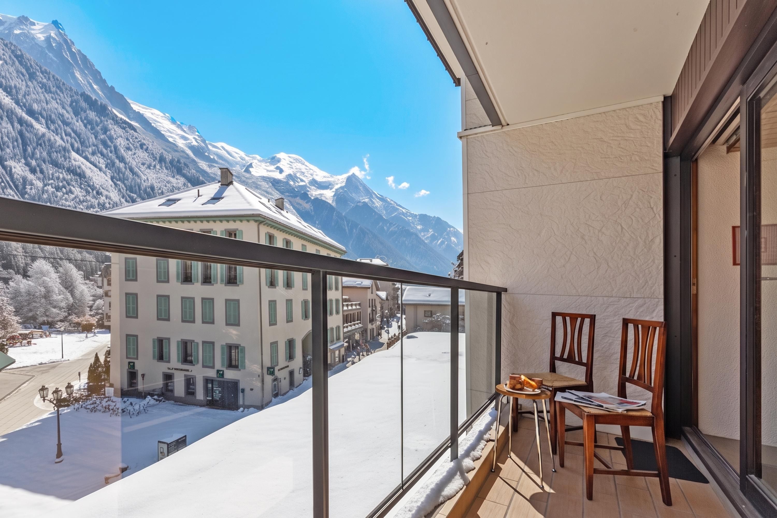 A balcony with a view of snow-covered mountains and a building with green shutters.
