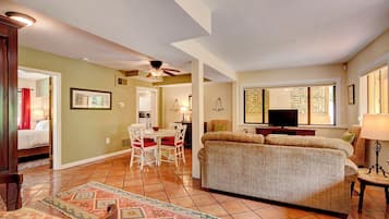 Smart TV, chimenea, libros y biblioteca musical