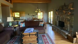 A cozy living room with a fireplace, a sofa, a coffee table, and a rug. - Sky Dog Pet Friendly Home Dupont Brevard Hiking Mountain Biking Porch Waterfalls (Brevard)