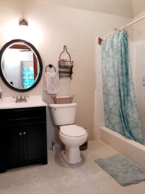 Shower, hair dryer, towels, soap
