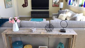 Smart TV, fireplace, video games, music library